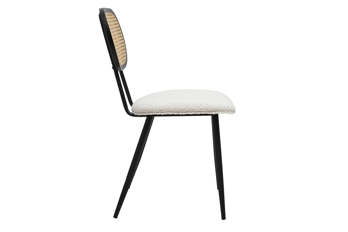 Chaises design en tissu effet laine boucl�e blanc, m�tal noir et cannage rotin (lot de 2) SWANN