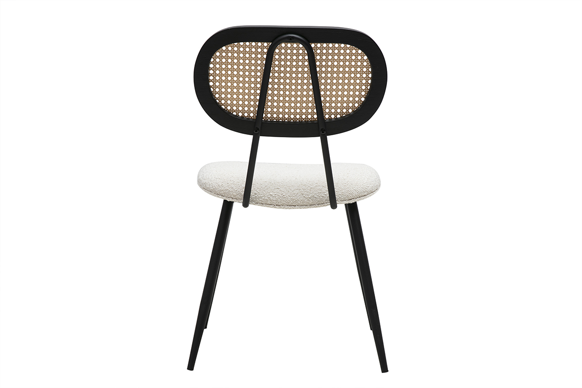 Chaises design en tissu effet laine boucl�e blanc, m�tal noir et cannage rotin (lot de 2) SWANN