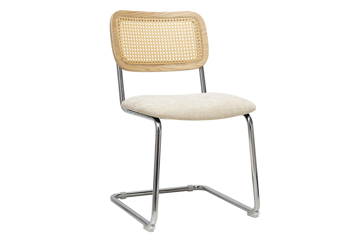 Chaises design en tissu effet velours textur beige, mtal chrom et cannage rotin (lot de 2) ELECTRA