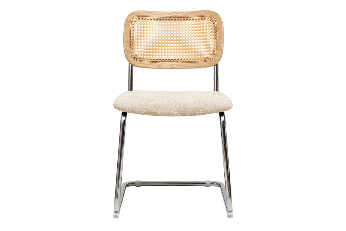 Chaises design en tissu effet velours textur beige, mtal chrom et cannage rotin (lot de 2) ELECTRA