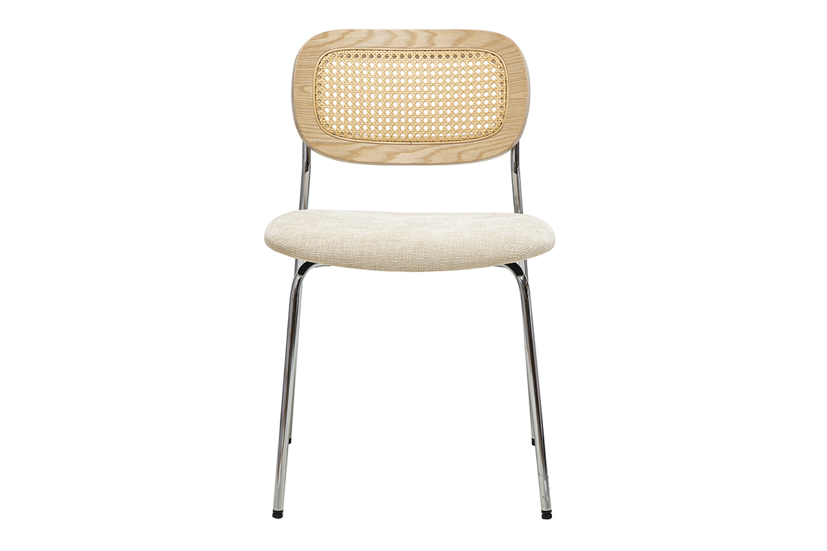 Chaises design en tissu effet velours textur beige, mtal chrom et cannage rotin (lot de 2) MIRANDA