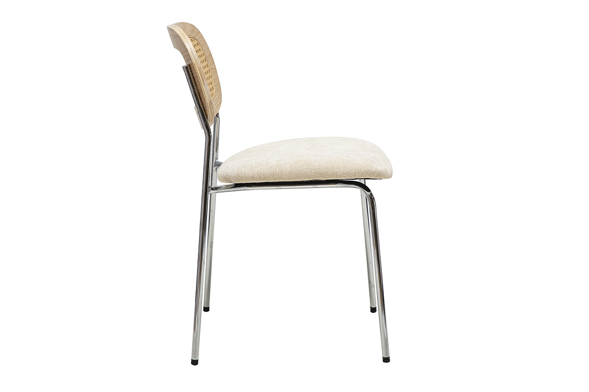Chaises design en tissu effet velours textur beige, mtal chrom et cannage rotin (lot de 2) MIRANDA