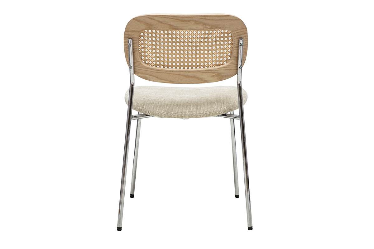 Chaises design en tissu effet velours textur beige, mtal chrom et cannage rotin (lot de 2) MIRANDA