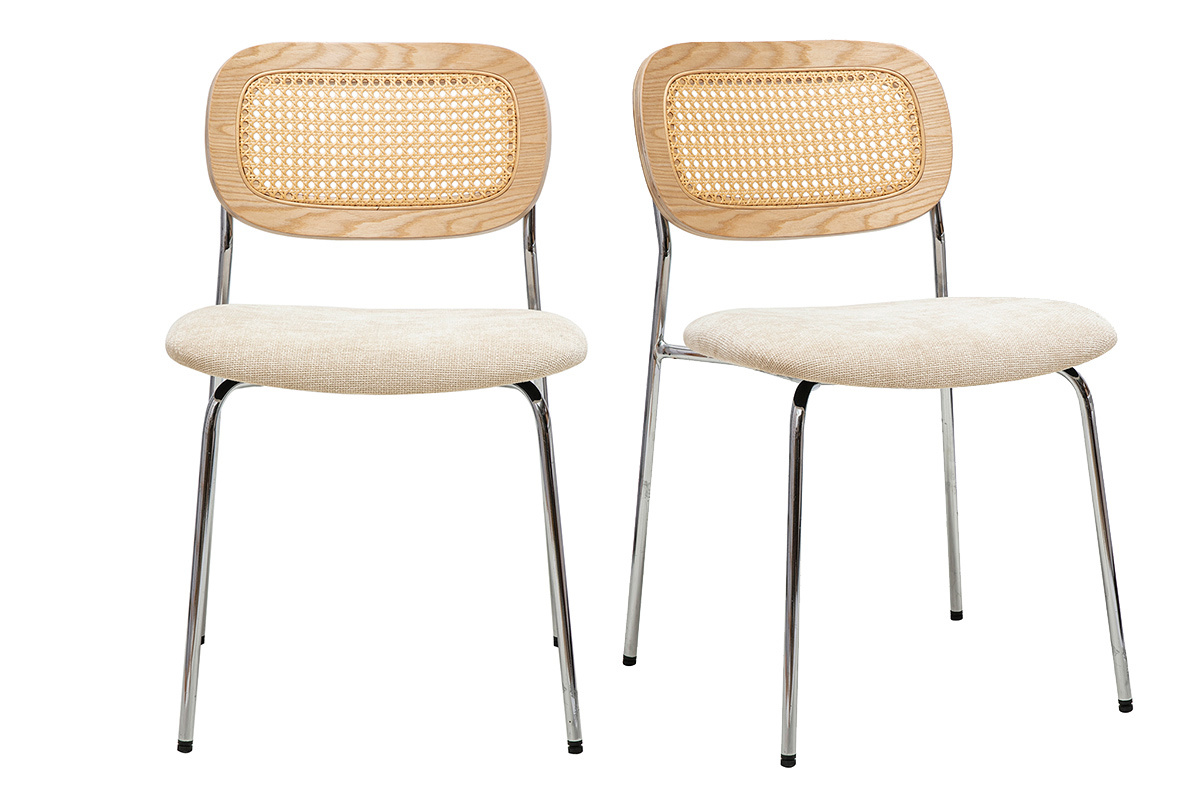 Chaises design en tissu effet velours textur beige, mtal chrom et cannage rotin (lot de 2) MIRANDA