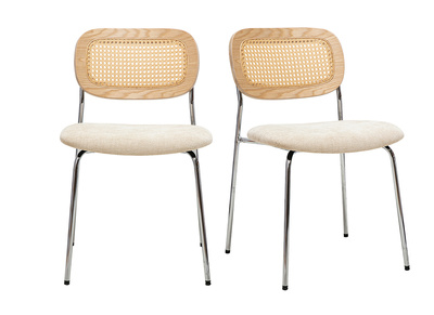 Chaises design en tissu effet velours texturé beige, métal chromé et cannage rotin (lot de 2) MIRANDA