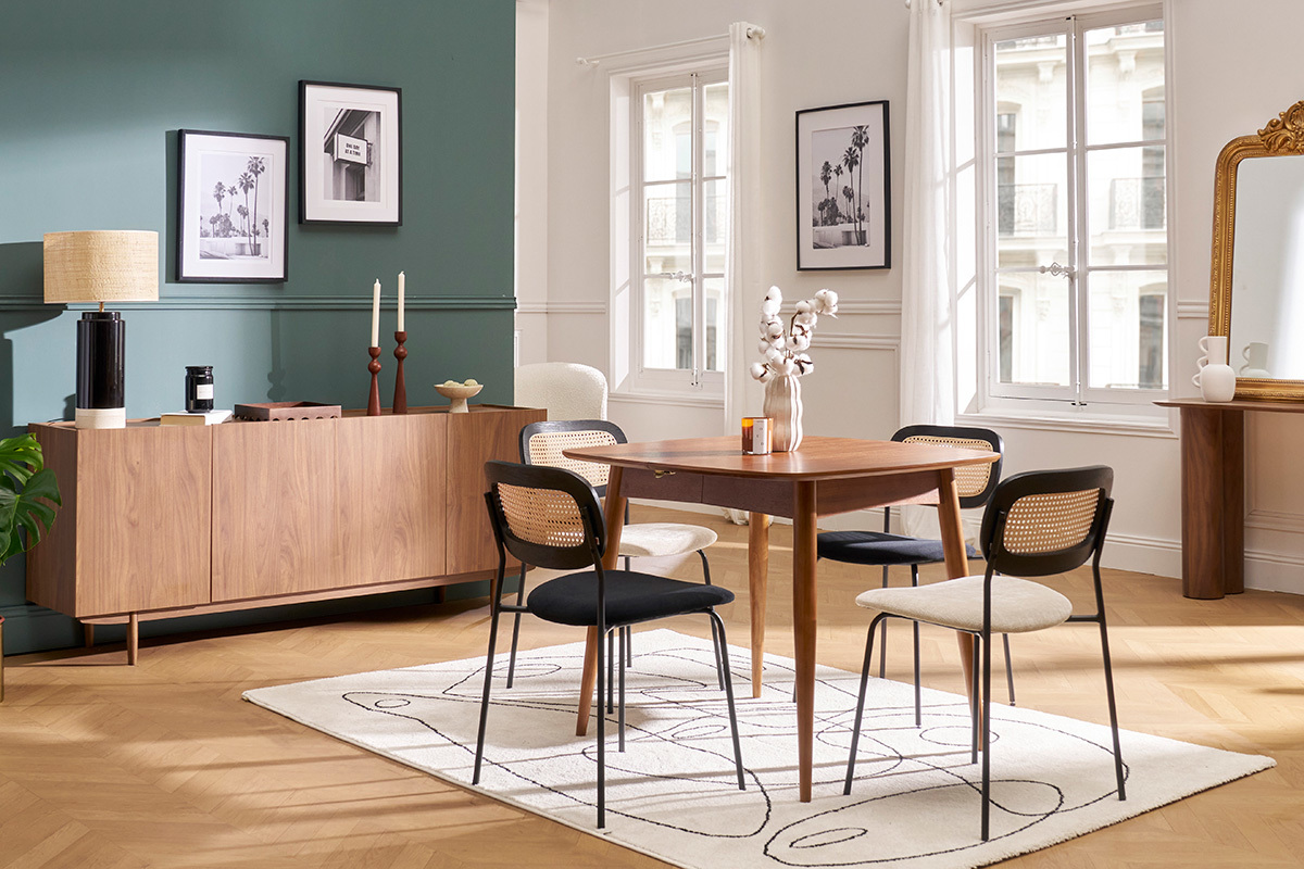 Chaises design en tissu effet velours textur beige, mtal noir et cannage rotin (lot de 2) MIRANDA