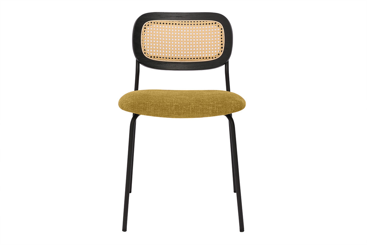 Chaises design en tissu effet velours textur bronze, mtal noir et cannage rotin (lot de 2) MIRANDA