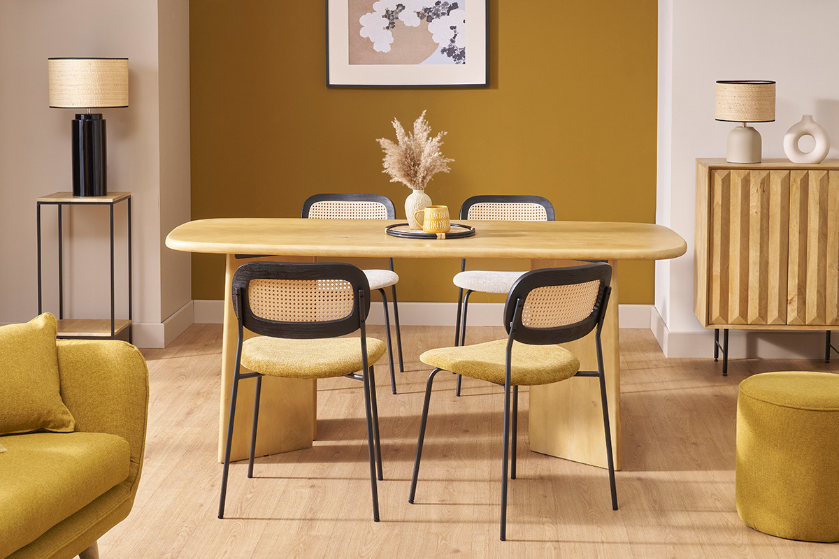 Chaises design en tissu effet velours textur bronze, mtal noir et cannage rotin (lot de 2) MIRANDA