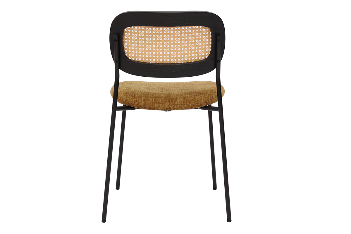Chaises design en tissu effet velours textur bronze, mtal noir et cannage rotin (lot de 2) MIRANDA