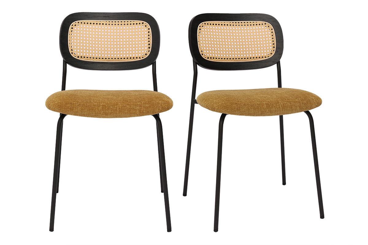 Chaises design en tissu effet velours textur� bronze, m�tal noir et cannage rotin (lot de 2) MIRANDA