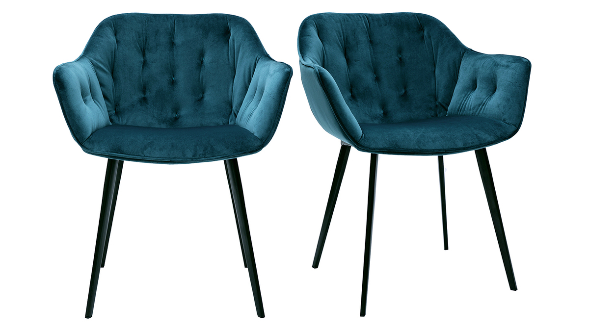 Chaises design en tissu velours bleu ptrole et mtal noir (lot de 2) BURTON