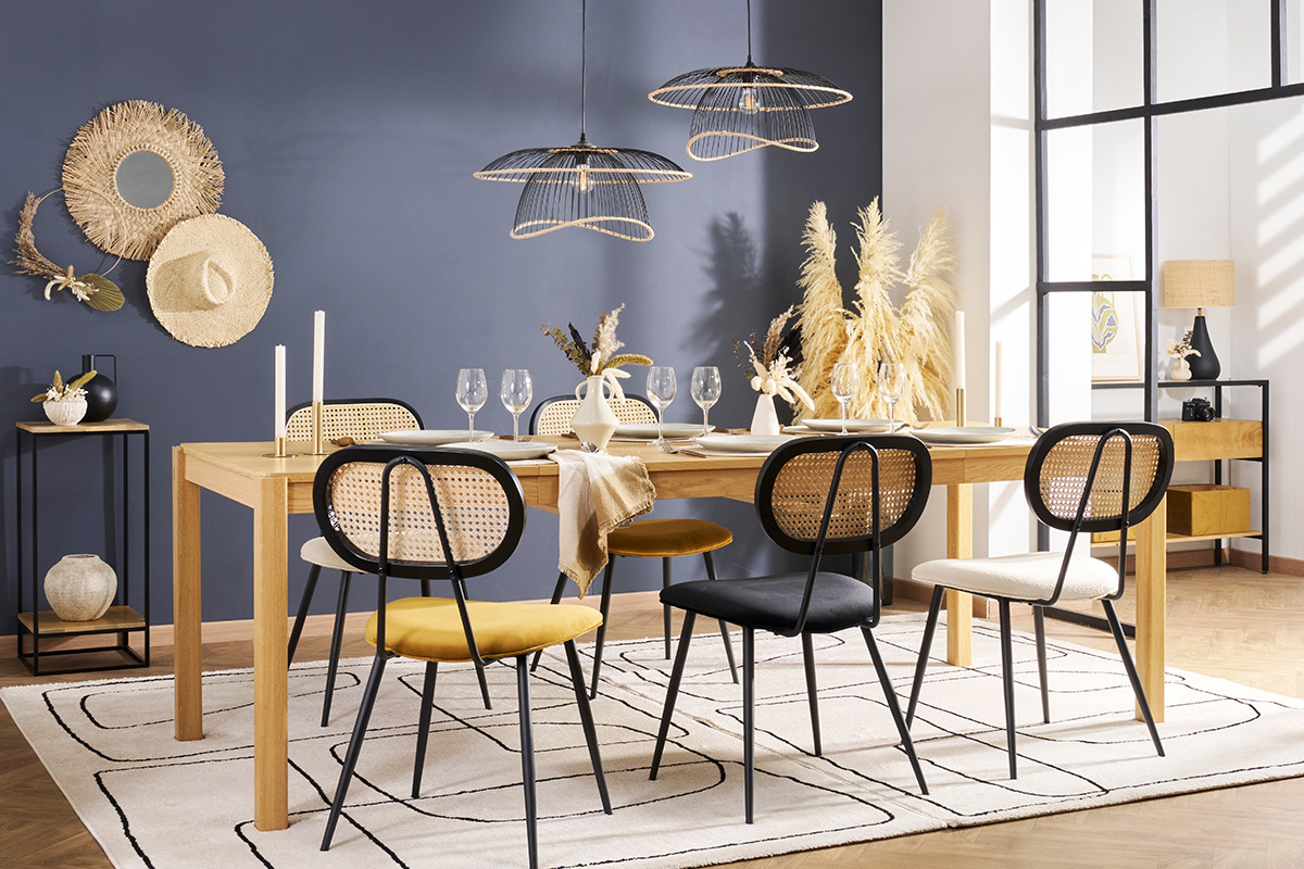 Chaises design en tissu velours bronze, m�tal noir et cannage rotin (lot de 2) SWANN