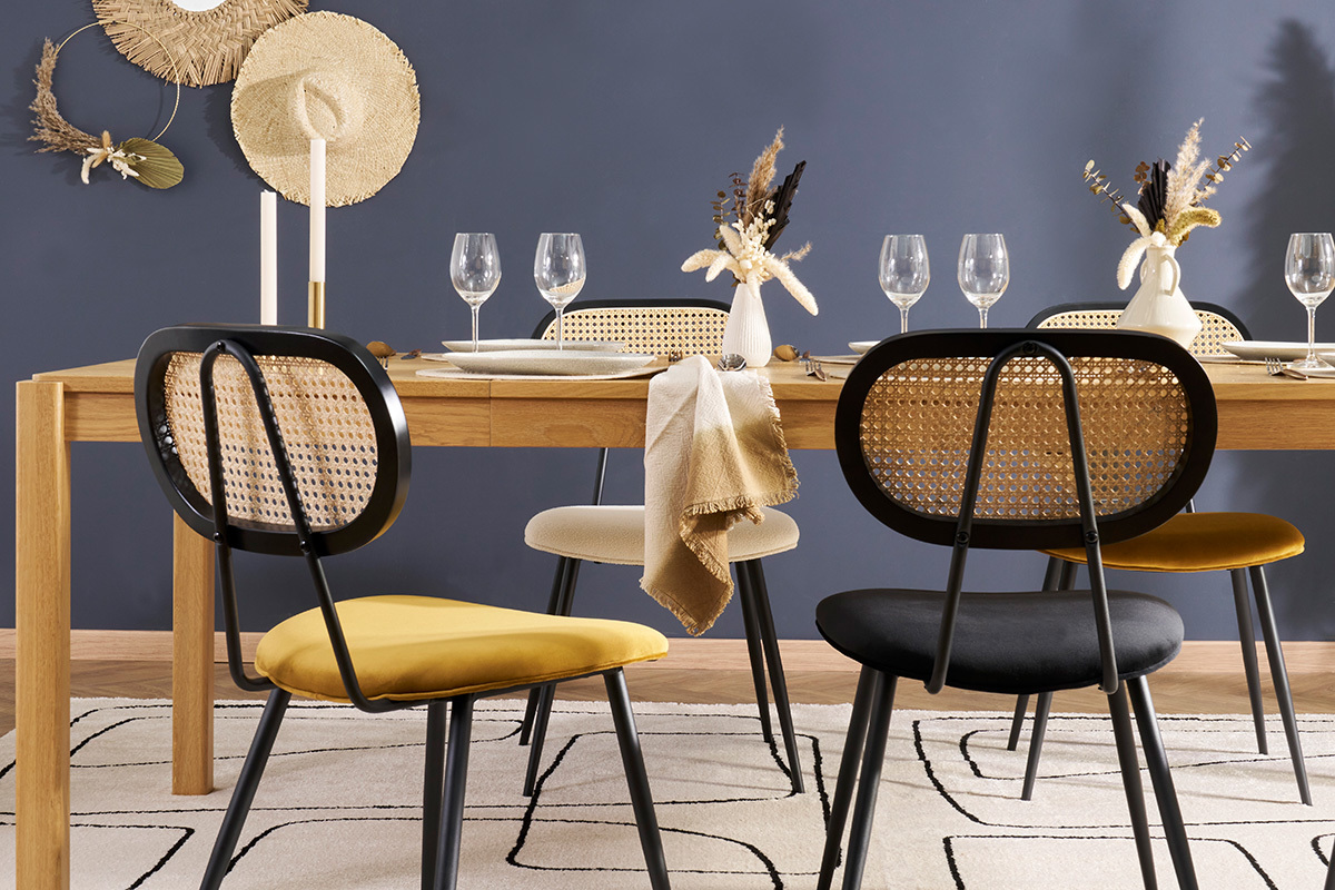 Chaises design en tissu velours bronze, m�tal noir et cannage rotin (lot de 2) SWANN