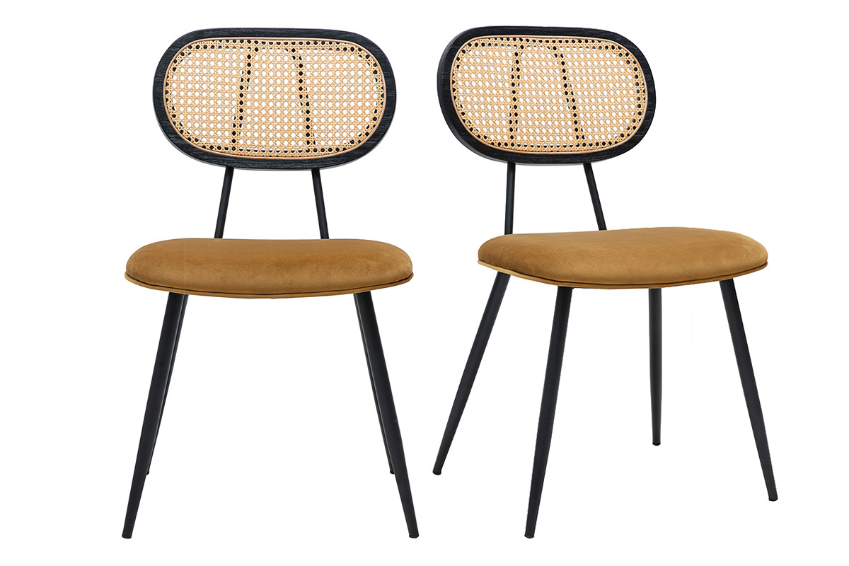 Chaises design en tissu velours bronze, m�tal noir et cannage rotin (lot de 2) SWANN