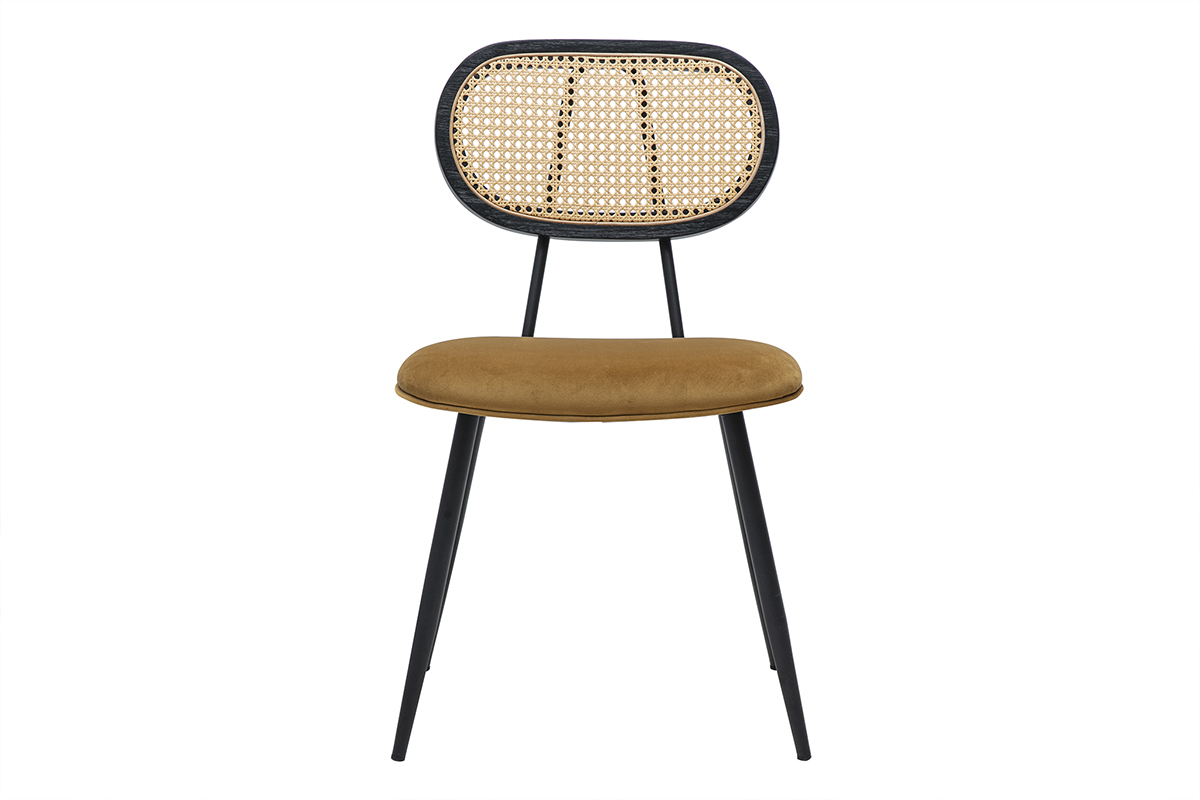 Chaises design en tissu velours bronze, m�tal noir et cannage rotin (lot de 2) SWANN