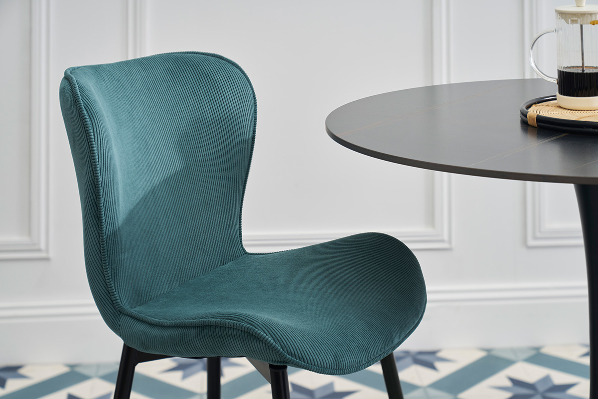 Chaises design en tissu velours c�tel� bleu canard et m�tal noir (lot de 2) ADDICT