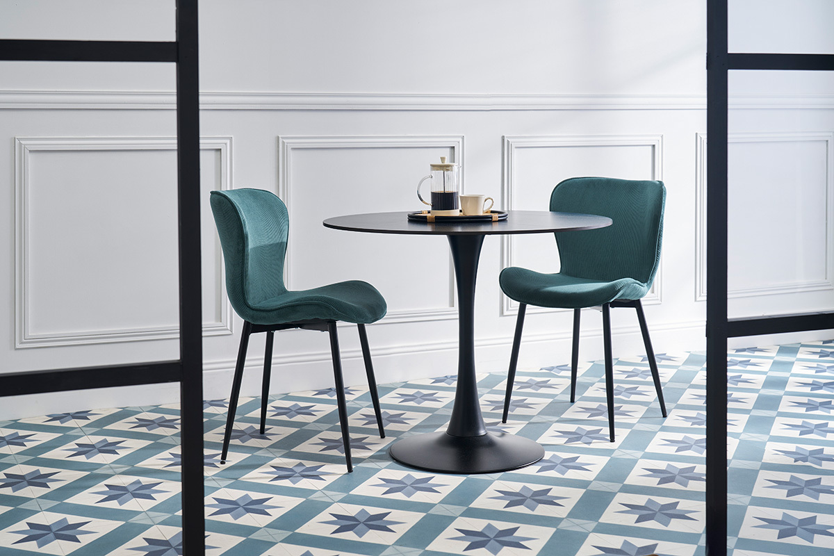 Chaises design en tissu velours c�tel� bleu canard et m�tal noir (lot de 2) ADDICT