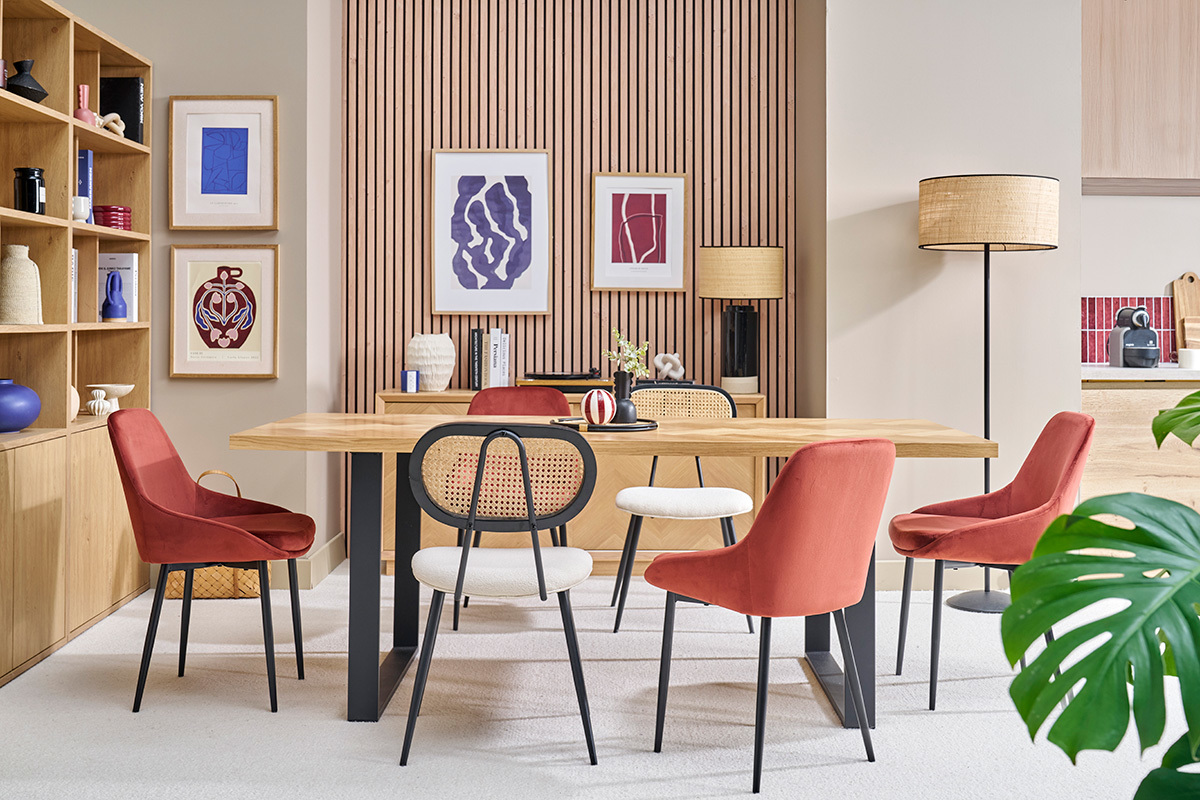 Chaises design en tissu velours rouge tomette et mtal noir (lot de 2) HOLO