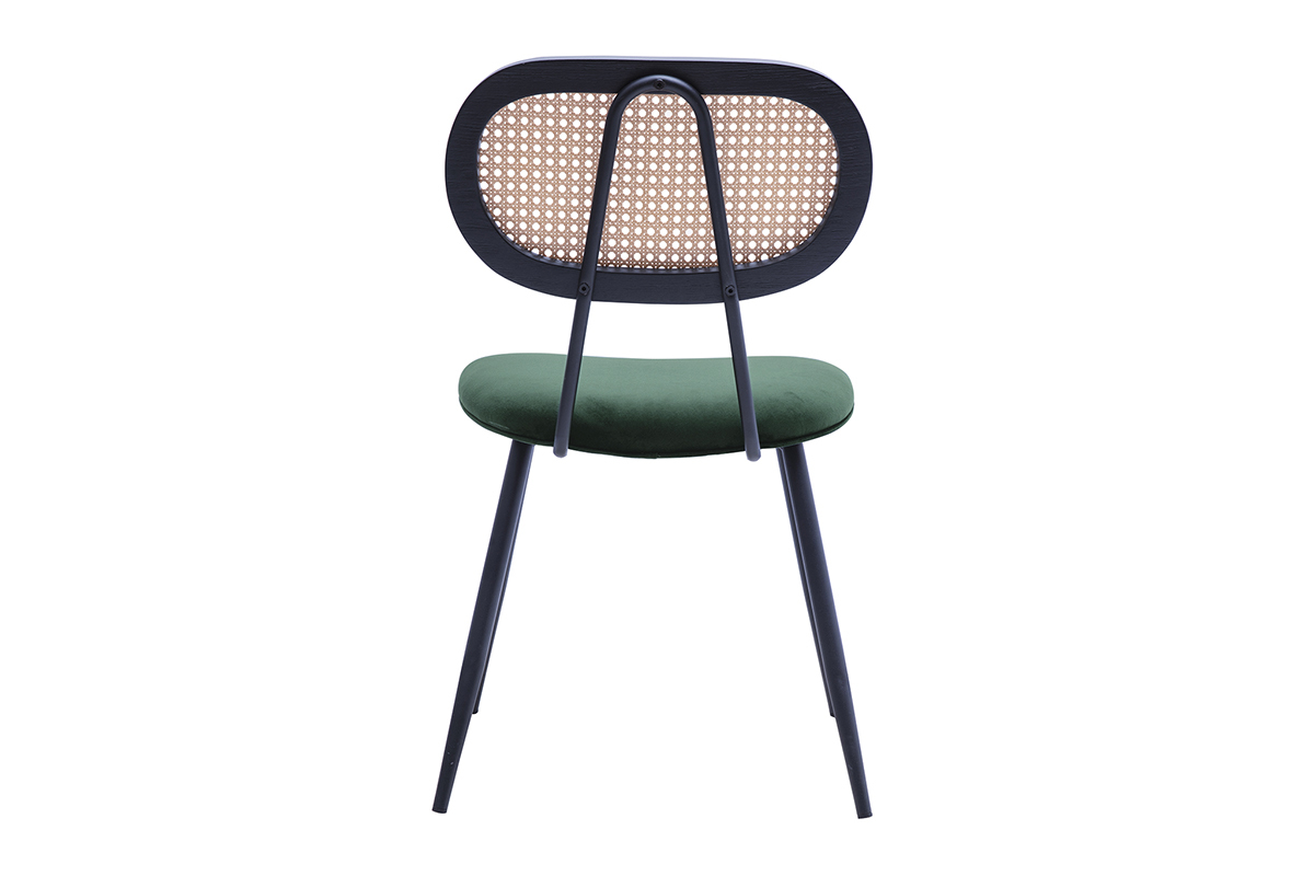 Chaises design en tissu velours vert fonc, mtal noir et cannage rotin (lot de 2) SWANN