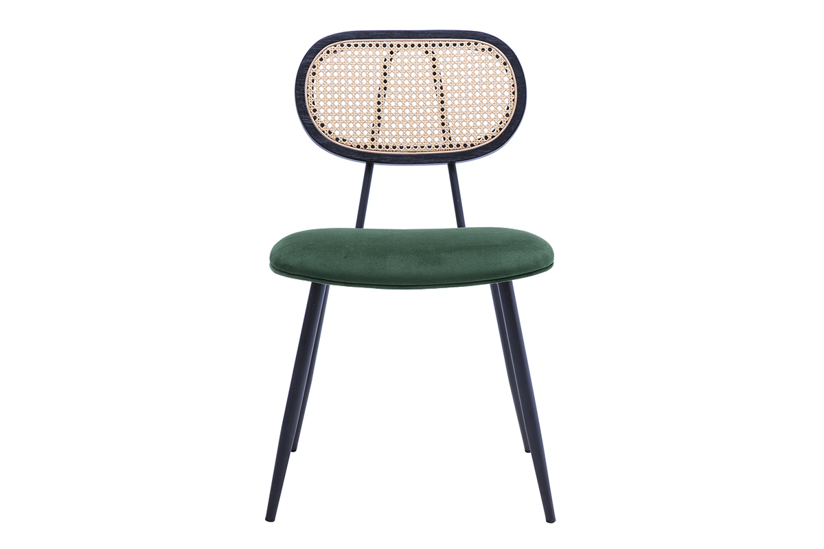 Chaises design en tissu velours vert fonc, mtal noir et cannage rotin (lot de 2) SWANN