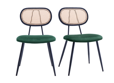 Chaises design en tissu velours vert foncé, métal noir et cannage rotin (lot de 2) SWANN