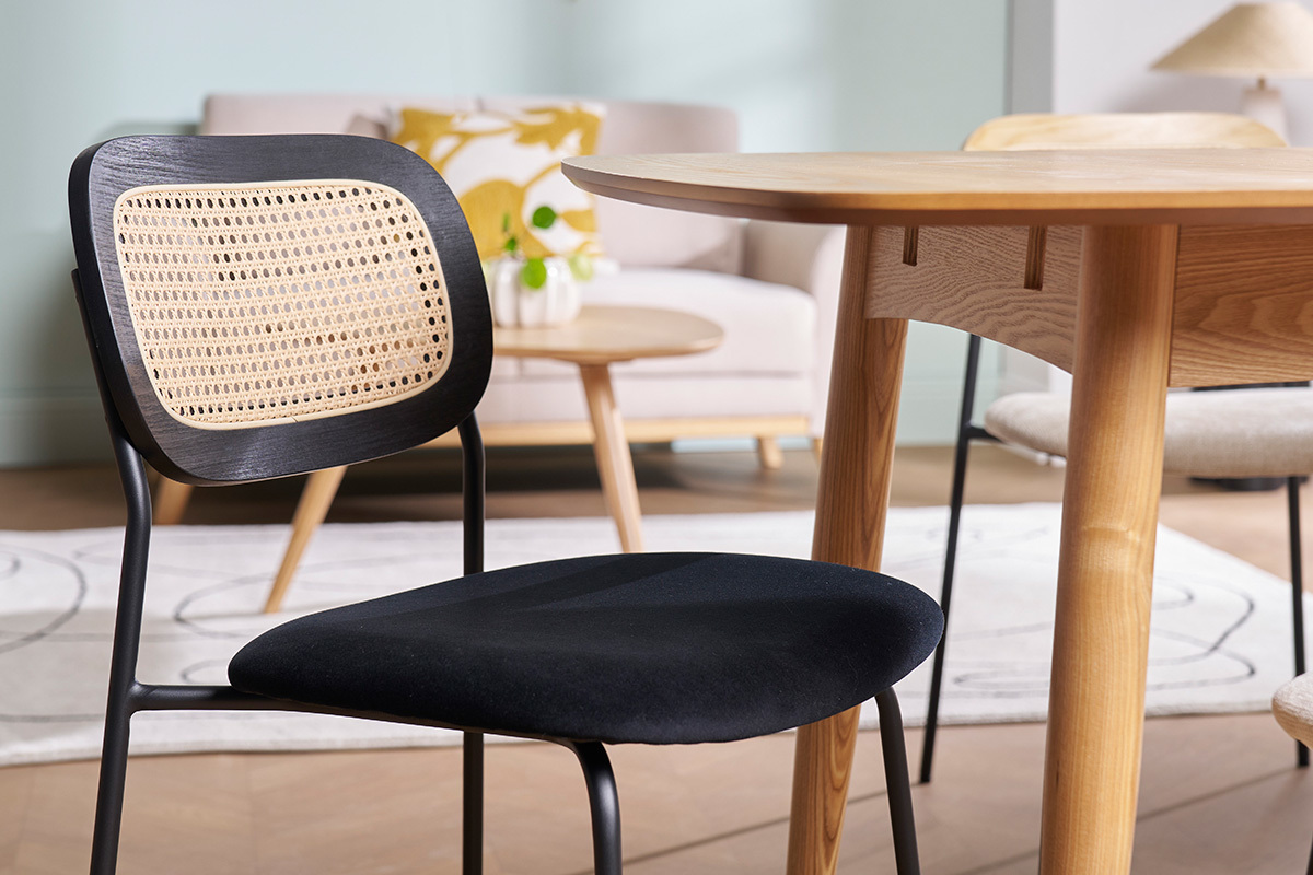 Chaises design en velours noir, mtal noir et cannage rotin (lot de 2) MIRANDA