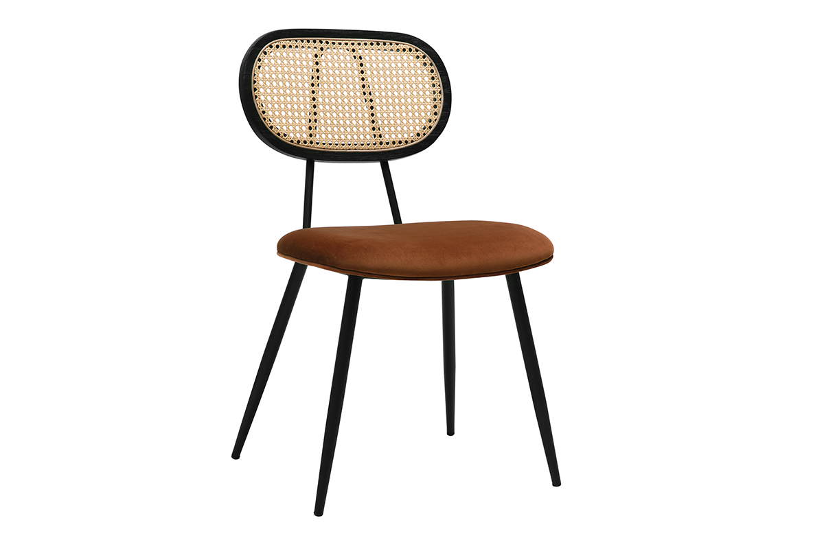 Chaises design en velours terre br�l�e, m�tal noir et cannage rotin (lot de 2) SWANN