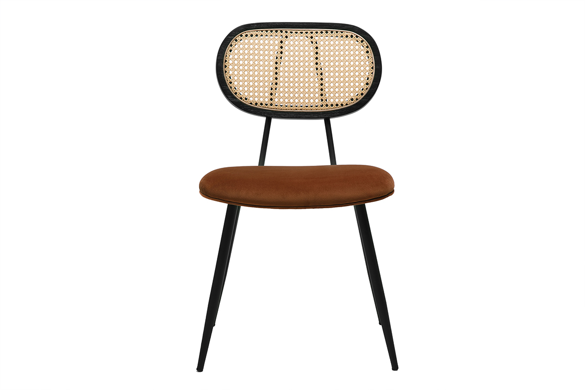 Chaises design en velours terre br�l�e, m�tal noir et cannage rotin (lot de 2) SWANN