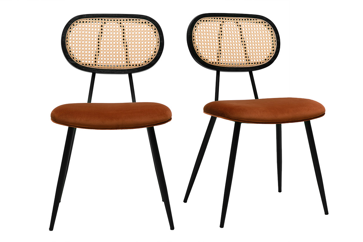 Chaises design en velours terre br�l�e, m�tal noir et cannage rotin (lot de 2) SWANN