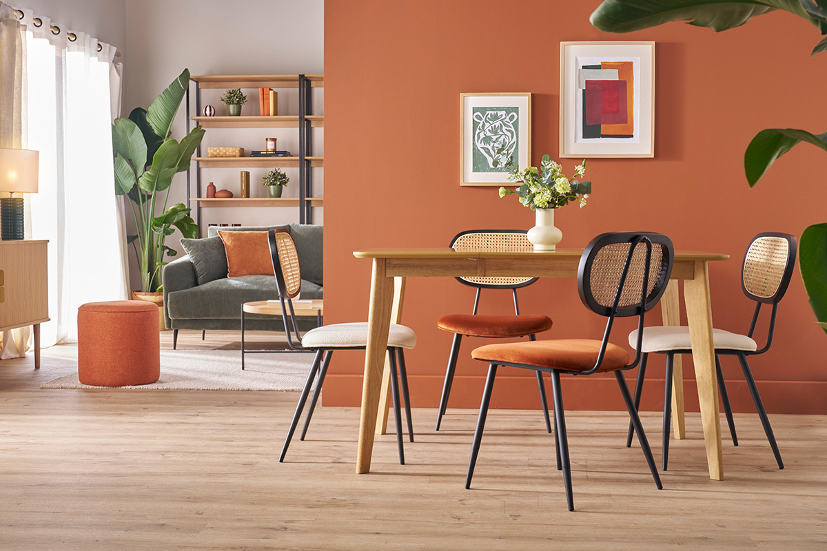 Chaises design en velours terre br�l�e, m�tal noir et cannage rotin (lot de 2) SWANN