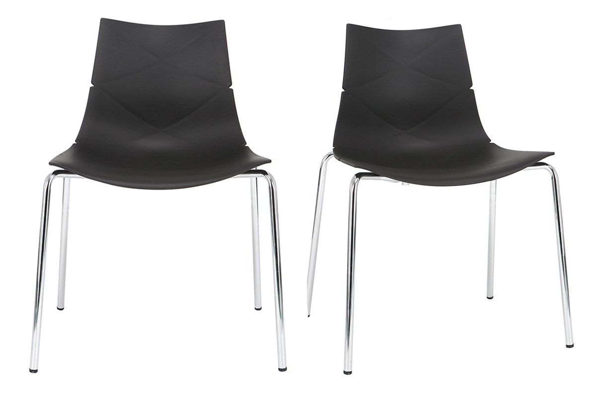 Chaises design noires empilables avec motif graphique et pieds m�tal (lot de 2) GUSTO