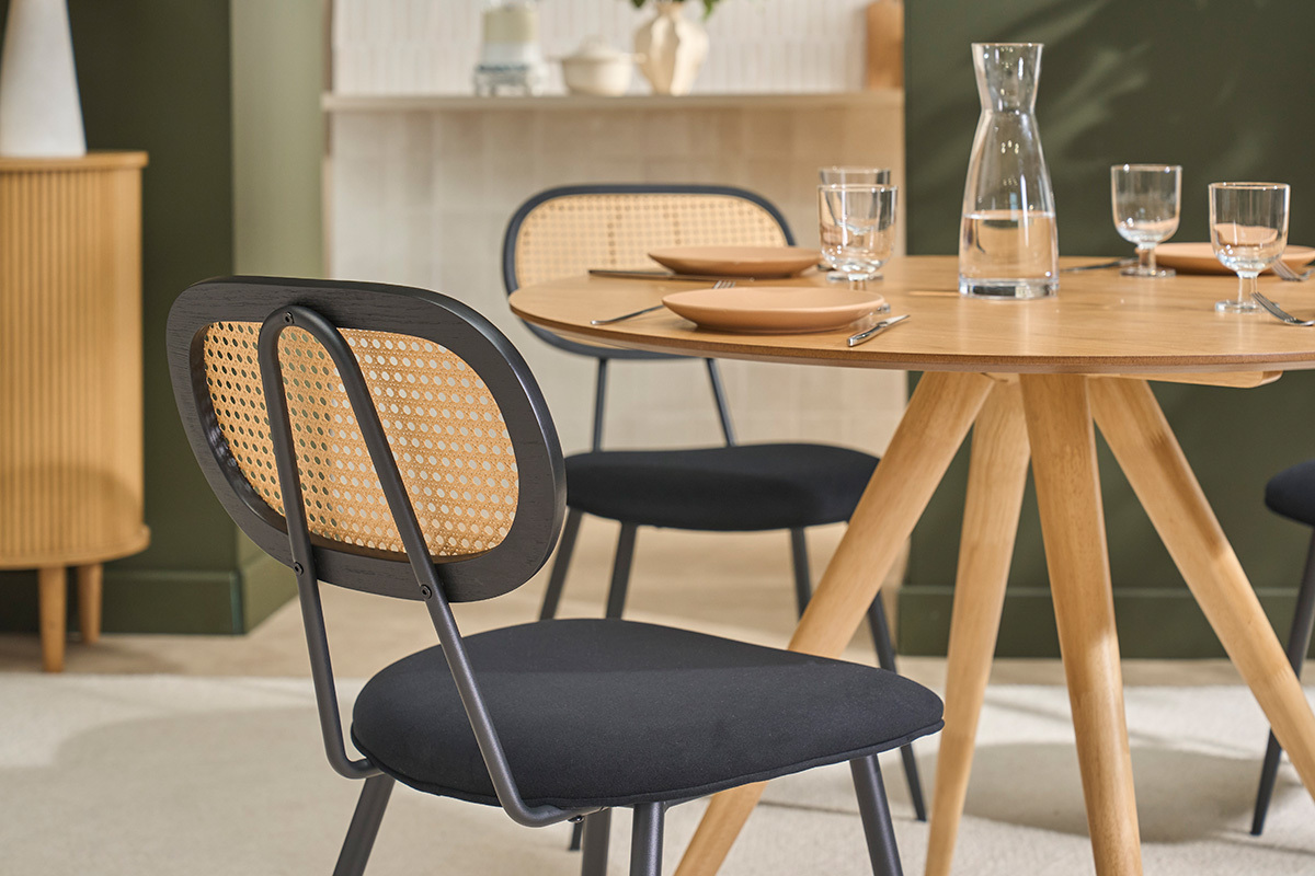 Chaises design noires en tissu velours, m�tal et cannage rotin (lot de 2) SWANN