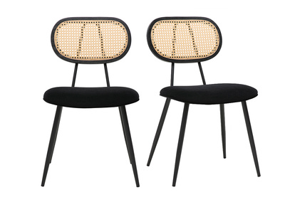Chaises design noires en tissu velours, m&eacute;tal et cannage rotin (lot de 2) SWANN