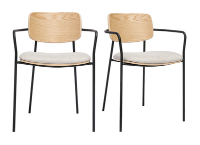 Chaises en bois clair chêne, tissu effet velours texturé beige et métal noir (lot de 2) SUSAN