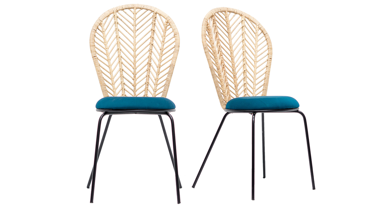 Chaises en rotin, tissu bleu ptrole et mtal noir (lot de 2) PEACOCK