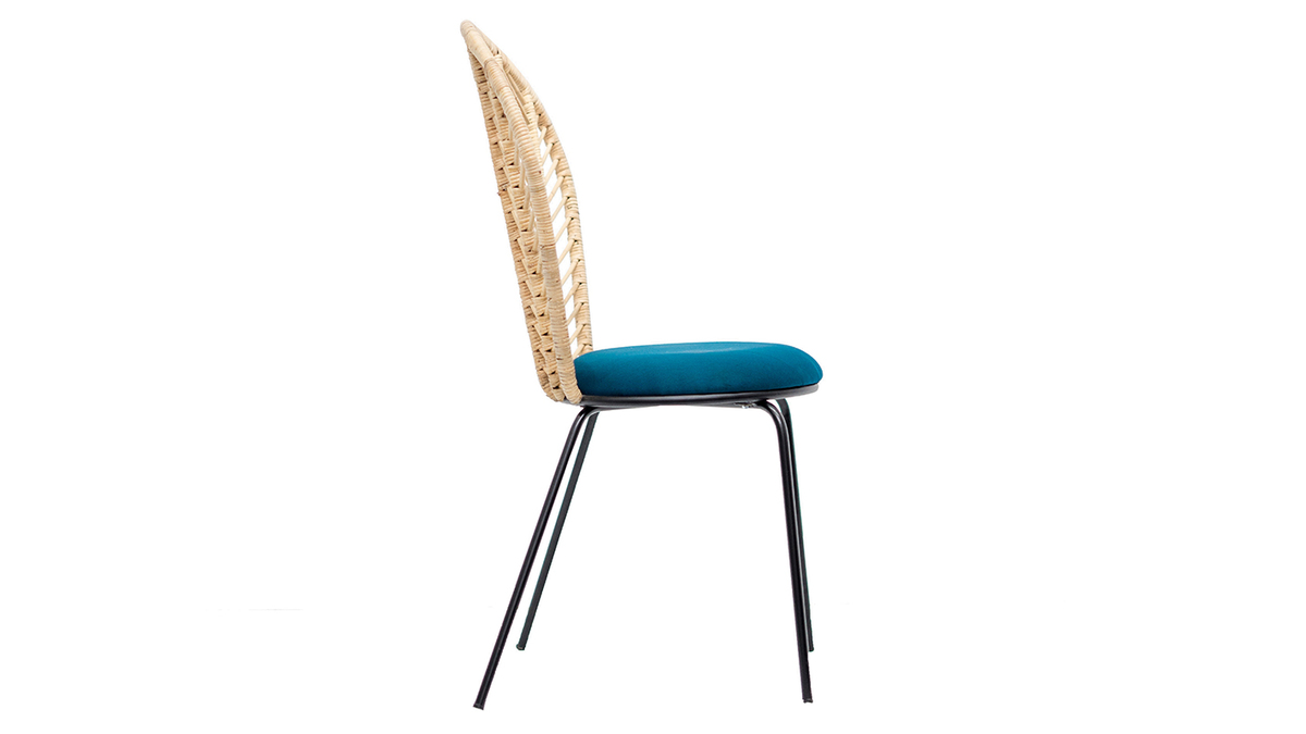 Chaises en rotin, tissu bleu ptrole et mtal noir (lot de 2) PEACOCK