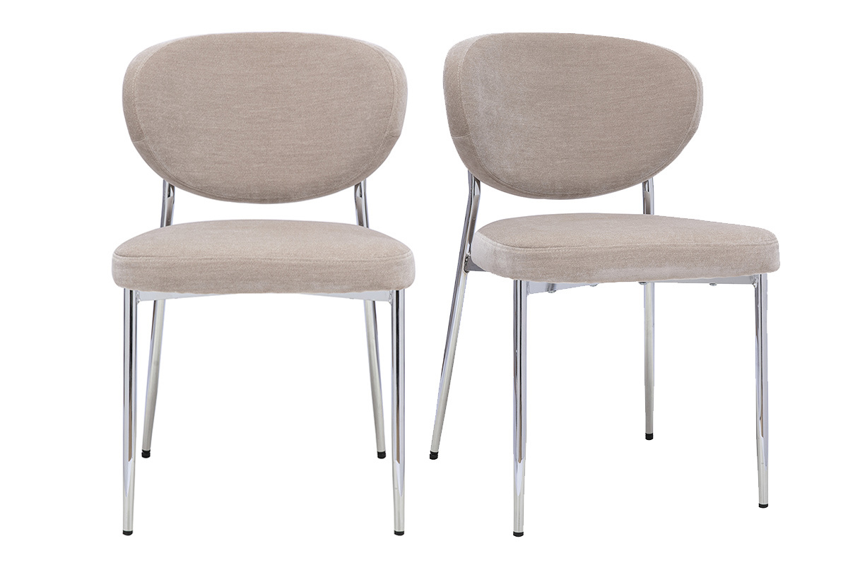 Chaises en tissu effet velours taupe et m�tal chrom� (lot de 2) BREKA