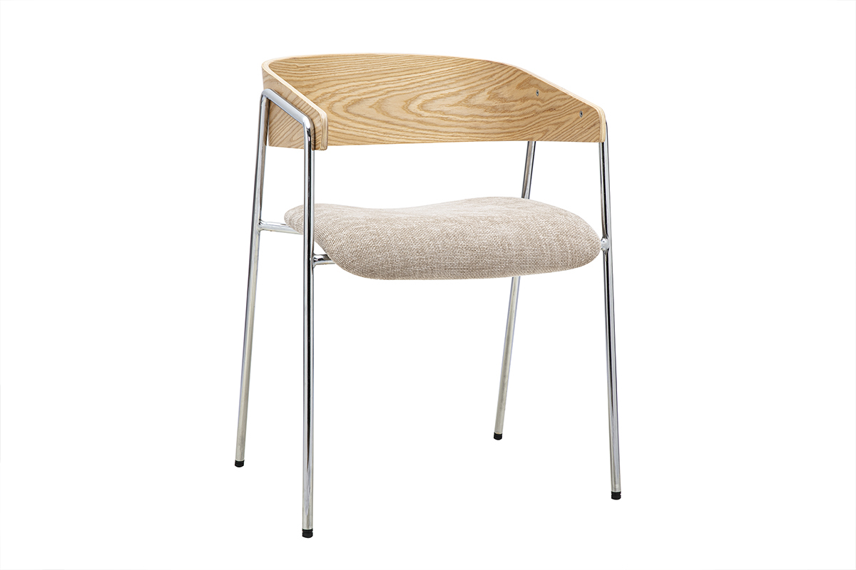 Chaises en tissu effet velours textur� taupe, bois clair et m�tal chrom� (lot de 2) FANELY