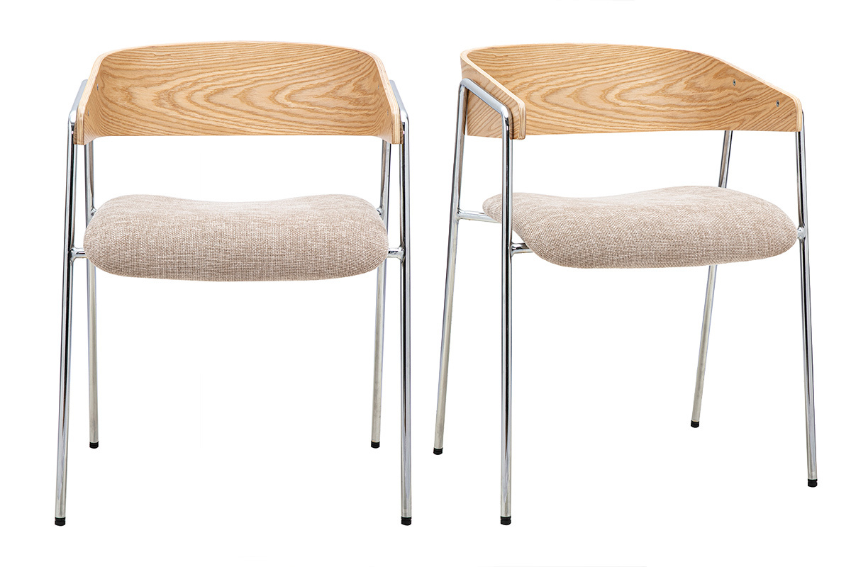 Chaises en tissu effet velours textur� taupe, bois clair et m�tal chrom� (lot de 2) FANELY