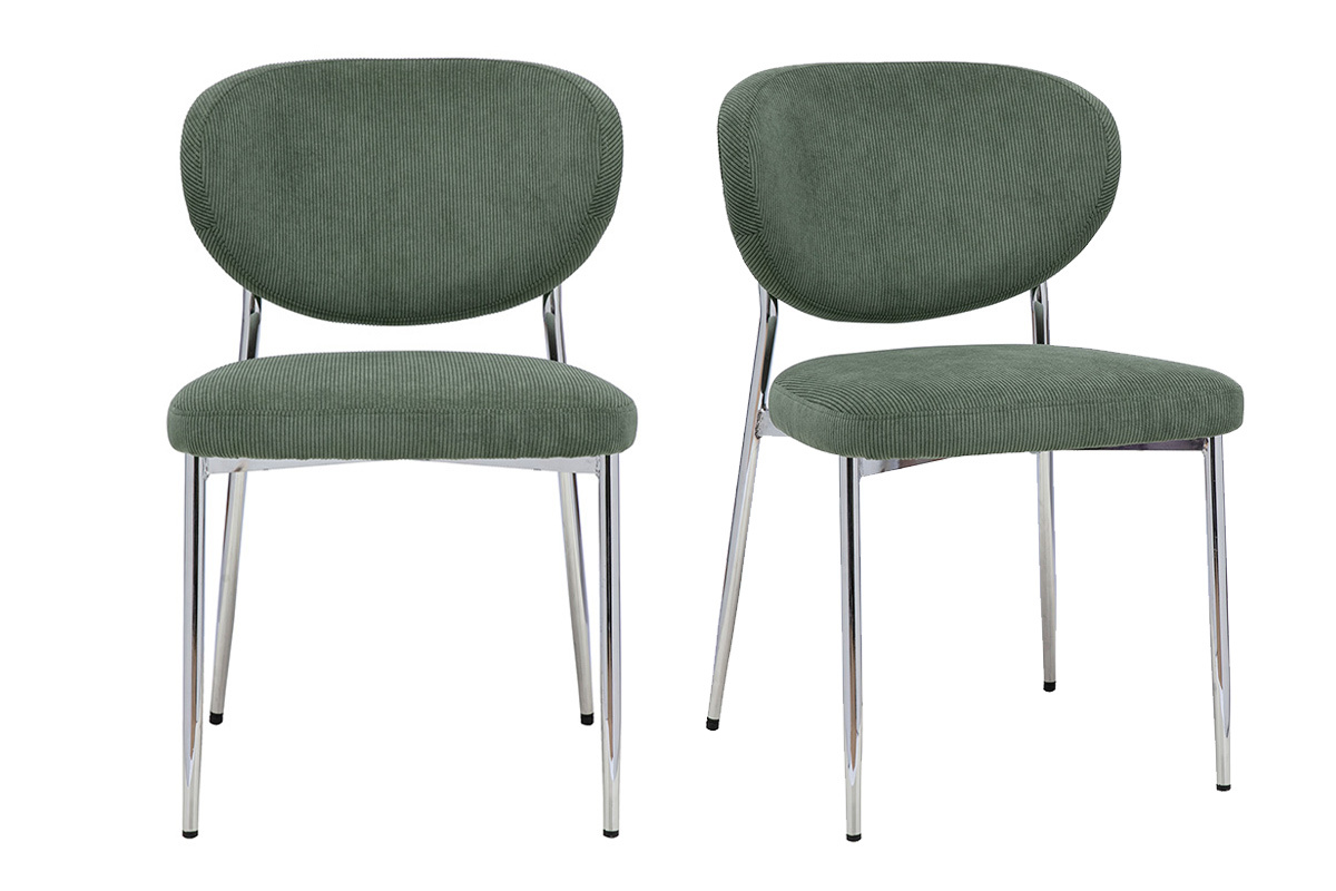Chaises en tissu velours c�tel� vert kaki et m�tal chrom� (lot de 2) BREKA