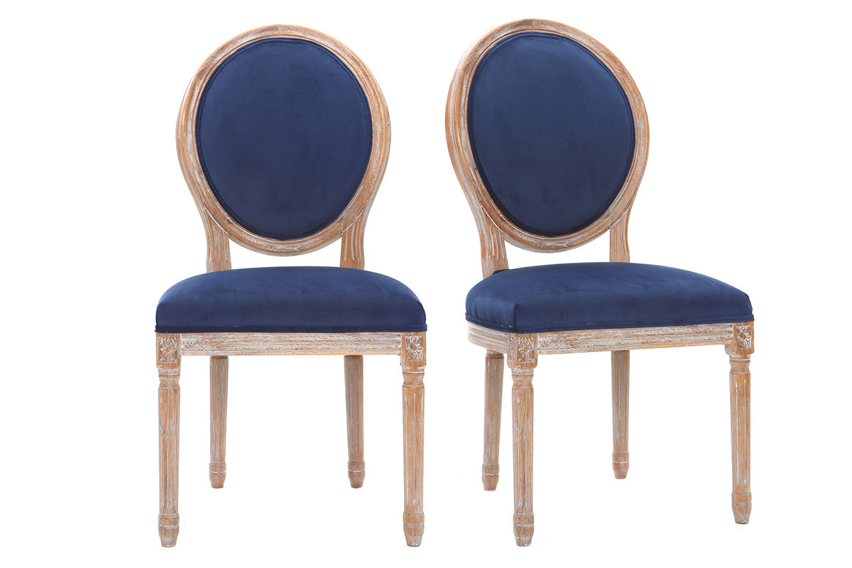 Chaises m�daillon velours bleu nuit pieds bois clair (lot de 2) LEGEND