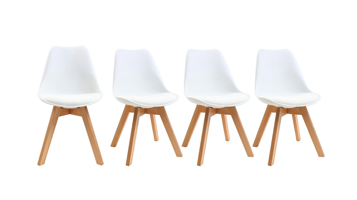 Chaises scandinaves blanc et bois clair massif (lot de 4) PAULINE - Miliboo