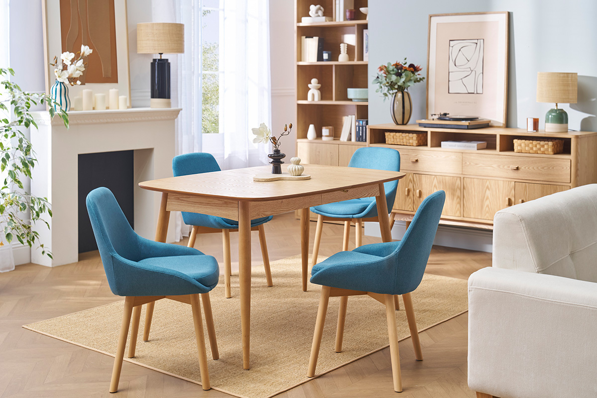 Chaises scandinaves en tissu bleu canard et bois clair massif (lot de 2) HOLO