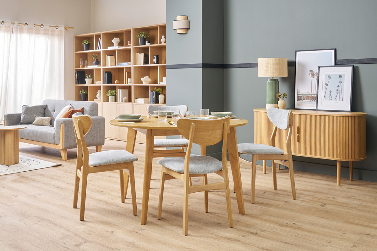Chaises scandinaves en tissu effet velours textur gris chin et bois clair chne massif (lot de 2) MAYA