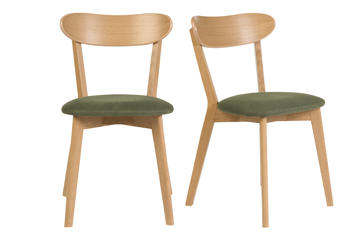 Chaises vintage en bois clair ch�ne et tissu effet velours textur� vert kaki (lot de 2) DOVE