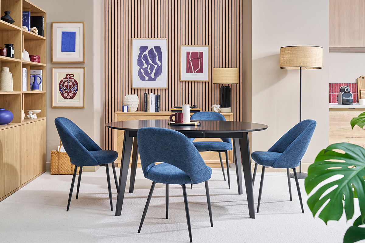 Chaises vintage en tissu effet velours textur bleu fonc et mtal noir (lot de 2) COSETTE