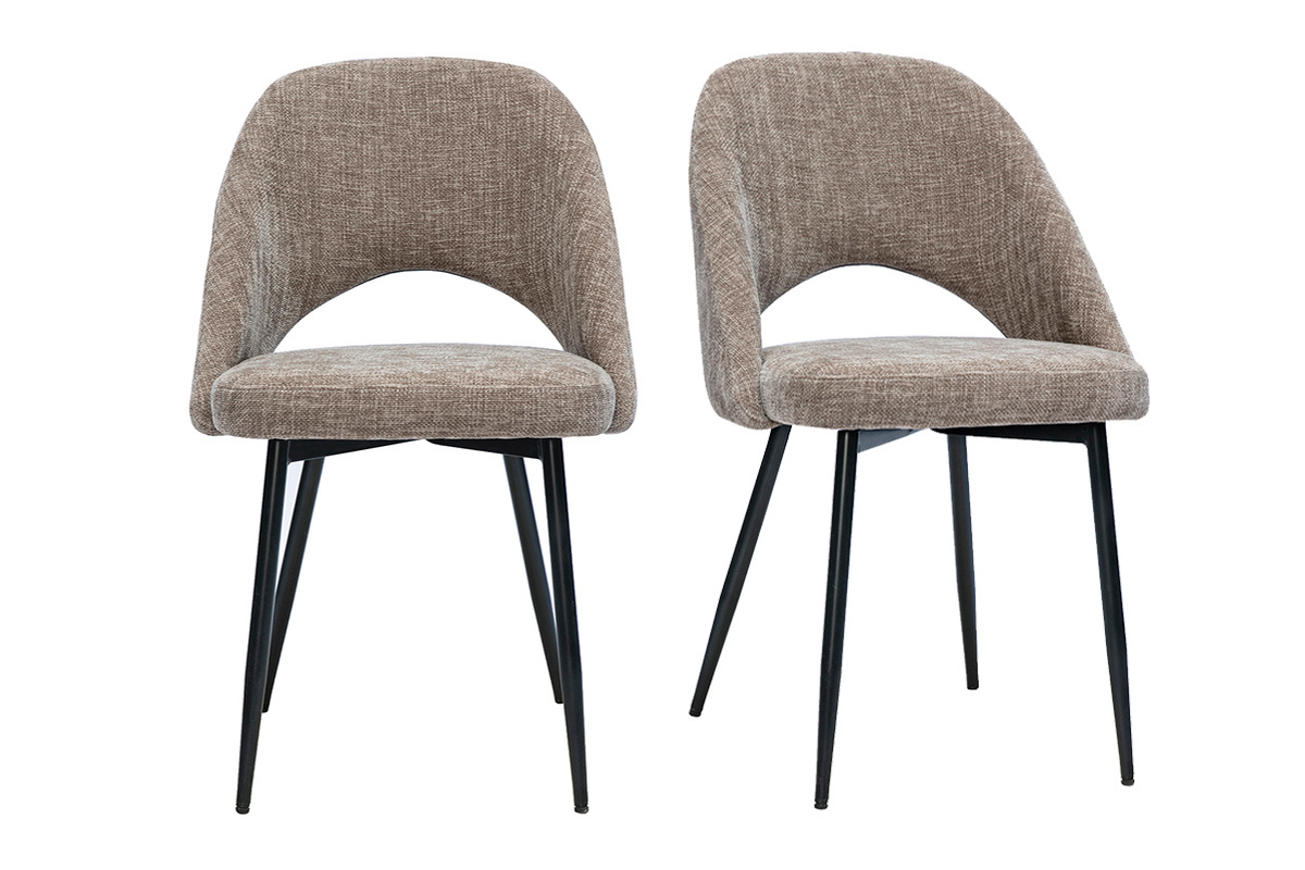 Chaises vintage en tissu effet velours textur� taupe et m�tal noir (lot de 2) COSETTE