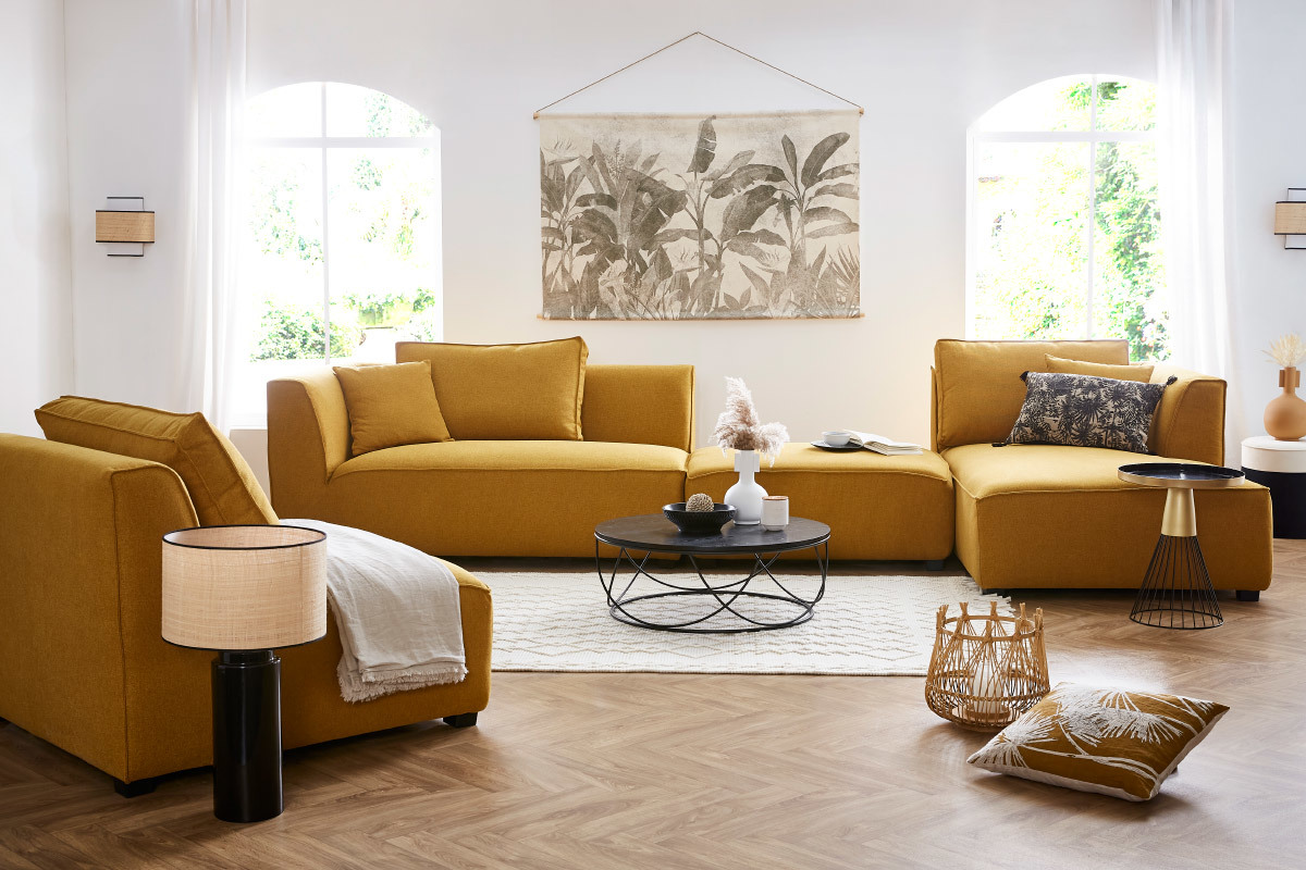 Chauffeuse 1 place design en tissu jaune cumin PLURIEL