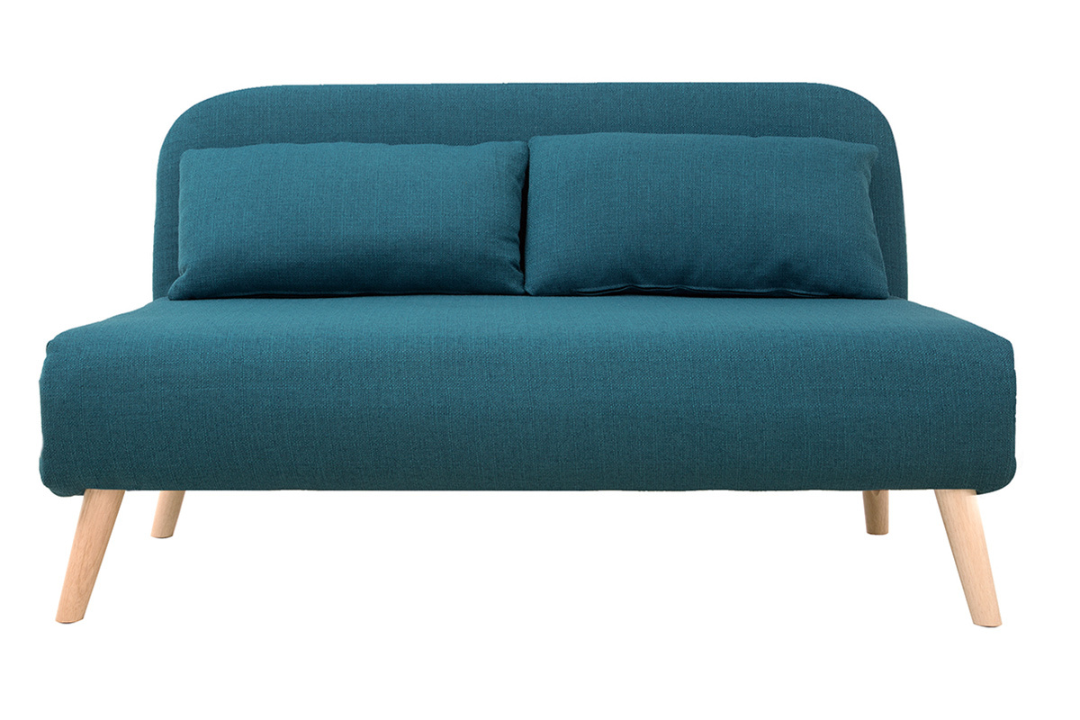 Chauffeuse 2 places convertible en tissu bleu canard et bois clair AMIKO