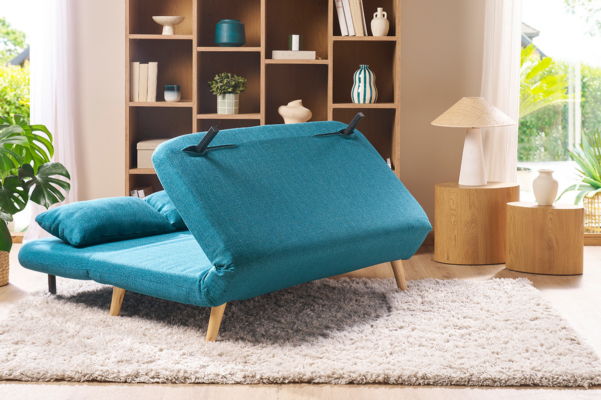 Chauffeuse 2 places convertible en tissu bleu canard et bois clair AMIKO
